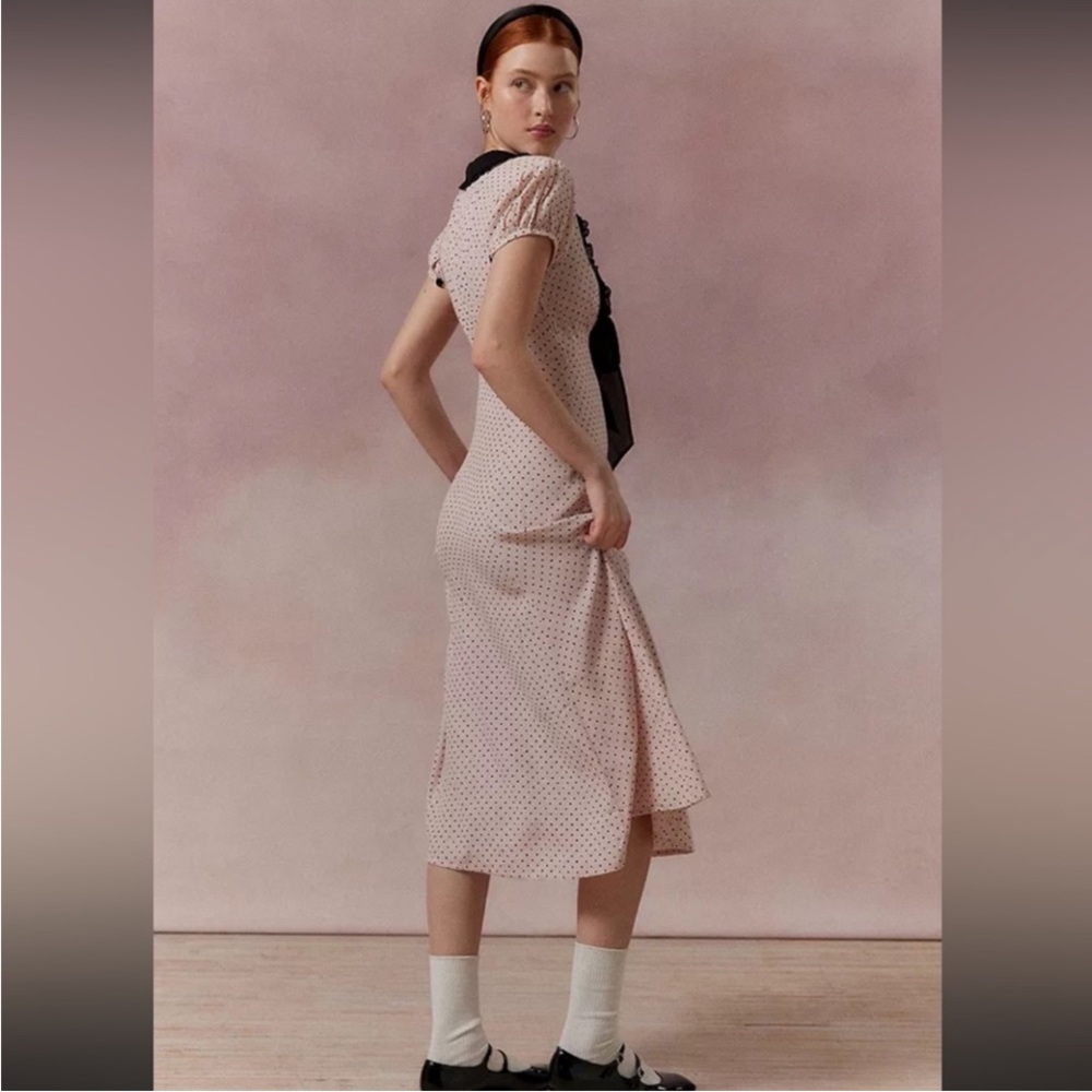 Kimchi Blue Blush Pink Polka Dot Midi Dress with Black Collar - Picture 3 of 7